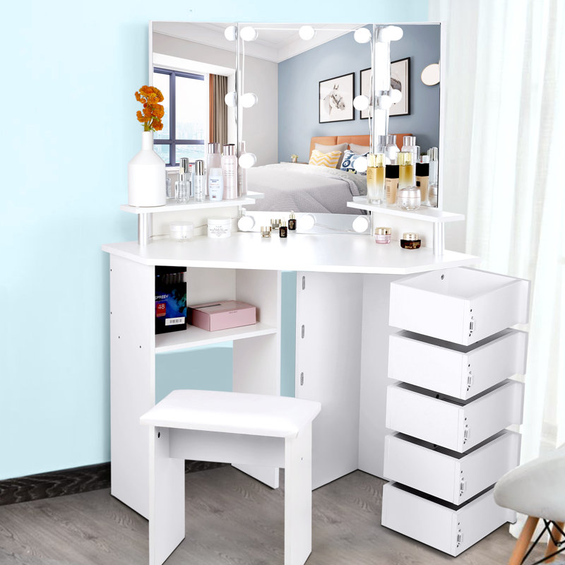 Latitude Run Vanity Set With Stool 5 Rorating Drawers And Mirror Reviews Wayfair